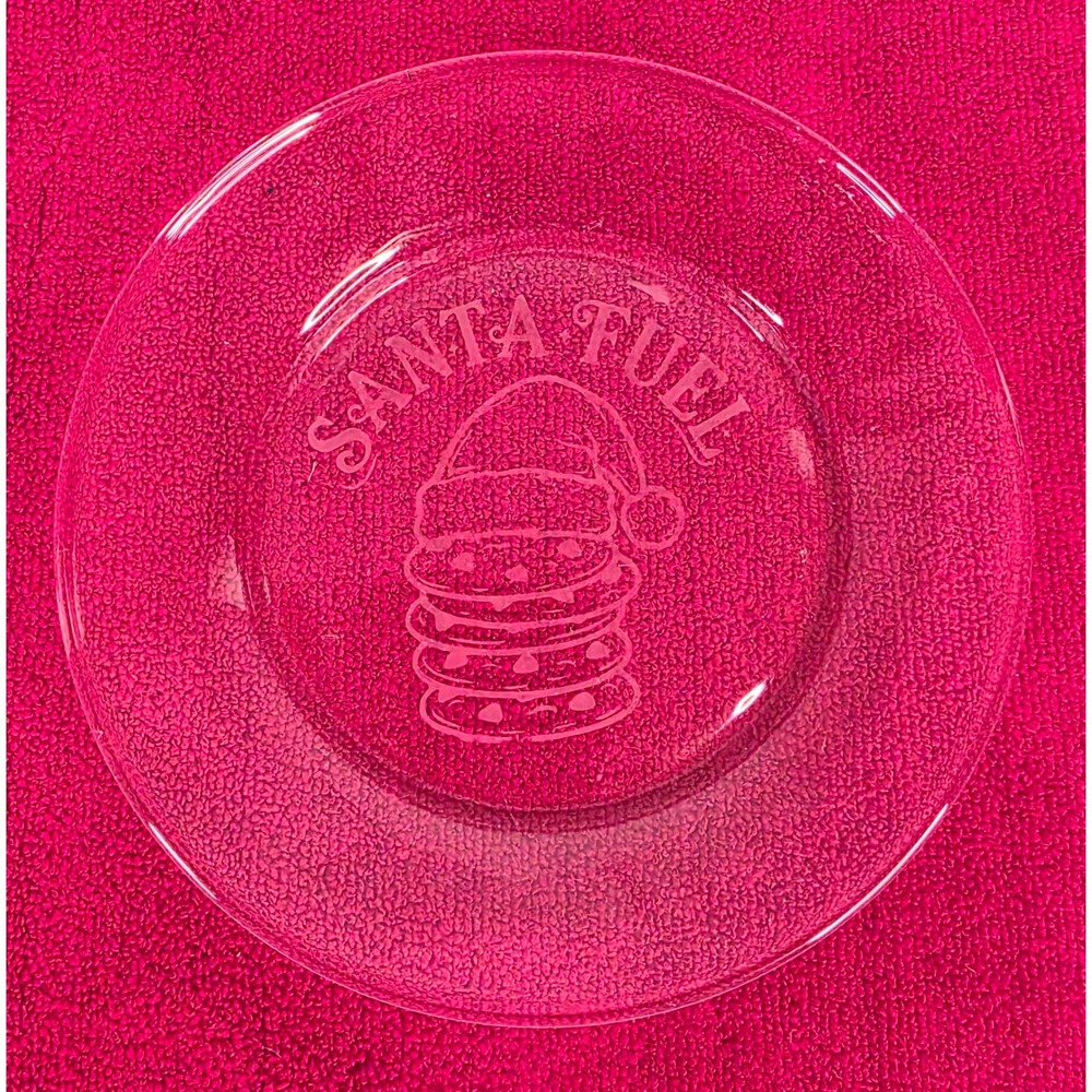 Santa Fuel Clear Glass Christmas Cookie Plate Etched Holiday Snack Dish 7.5in